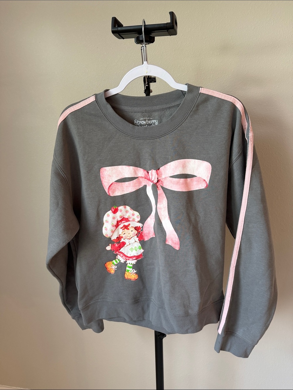 Strawberry Shortcake Gray Sweatshirt with Pink Ribbon Graphic